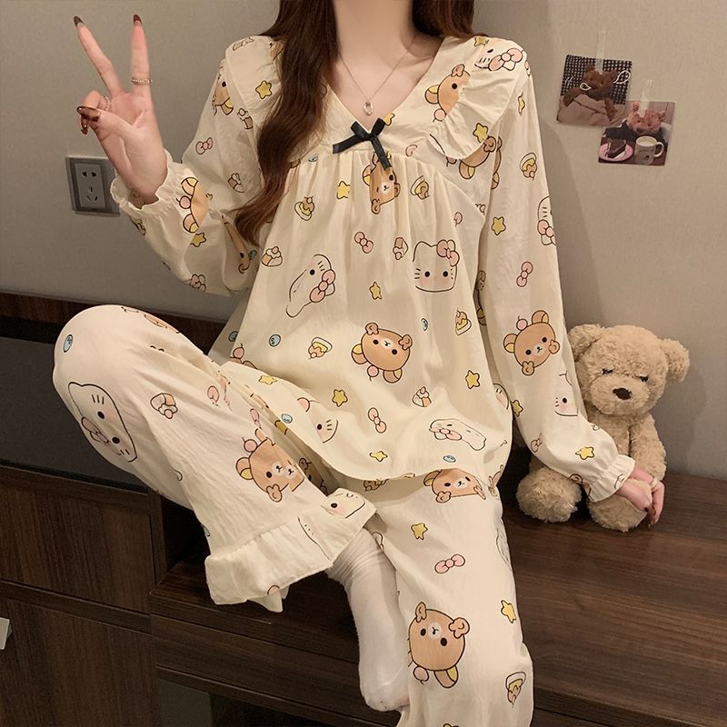 Pijamas de algodón nubes al por mayor transfronterizos de primavera y otoño de mujeres pantalones de manga larga de dos piezas con dibujos animados a rayas coreanas lindos ropa para el hogar
