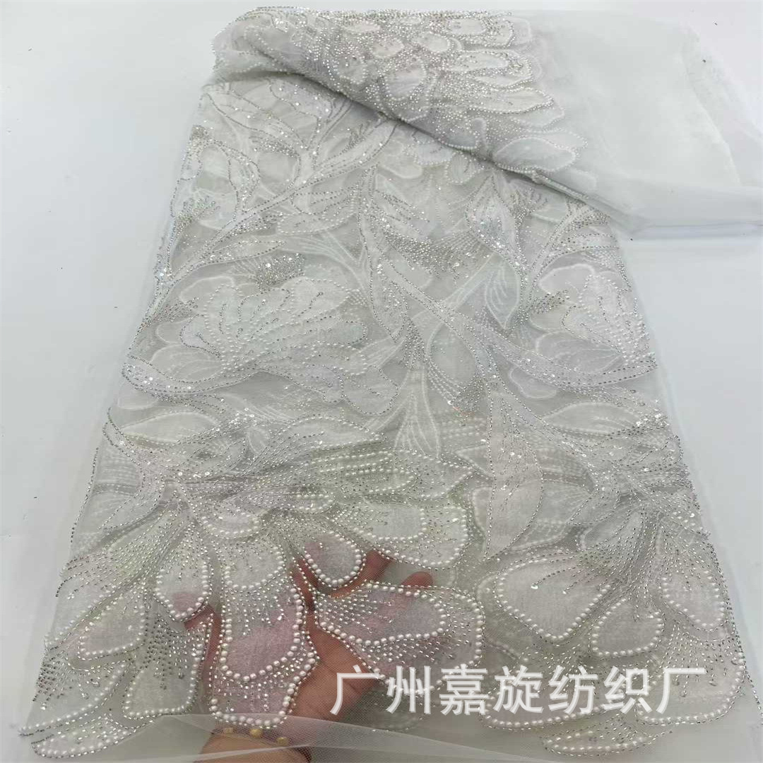Tela de malla bordada de doble capa con parches y cuentas tubulares, estilo nuevo, para vestidos de novia y vestidos de noche.