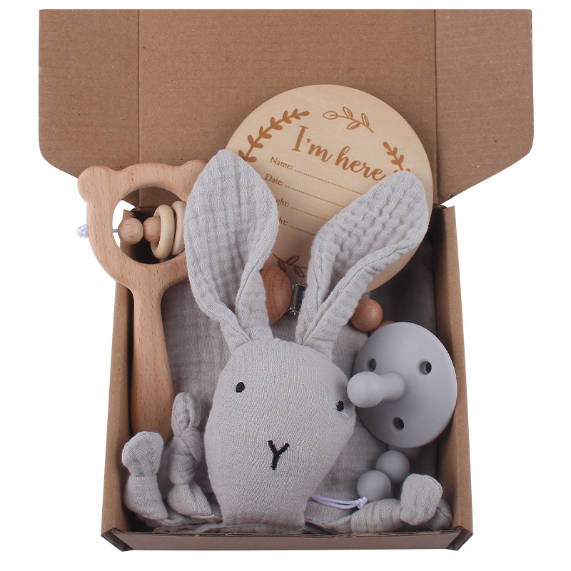 Nuevo bebé suministros de dibujos animados conejo toalla calmante bebé creativo silicona chupete cadena mordedor juguete conjunto de seis piezas