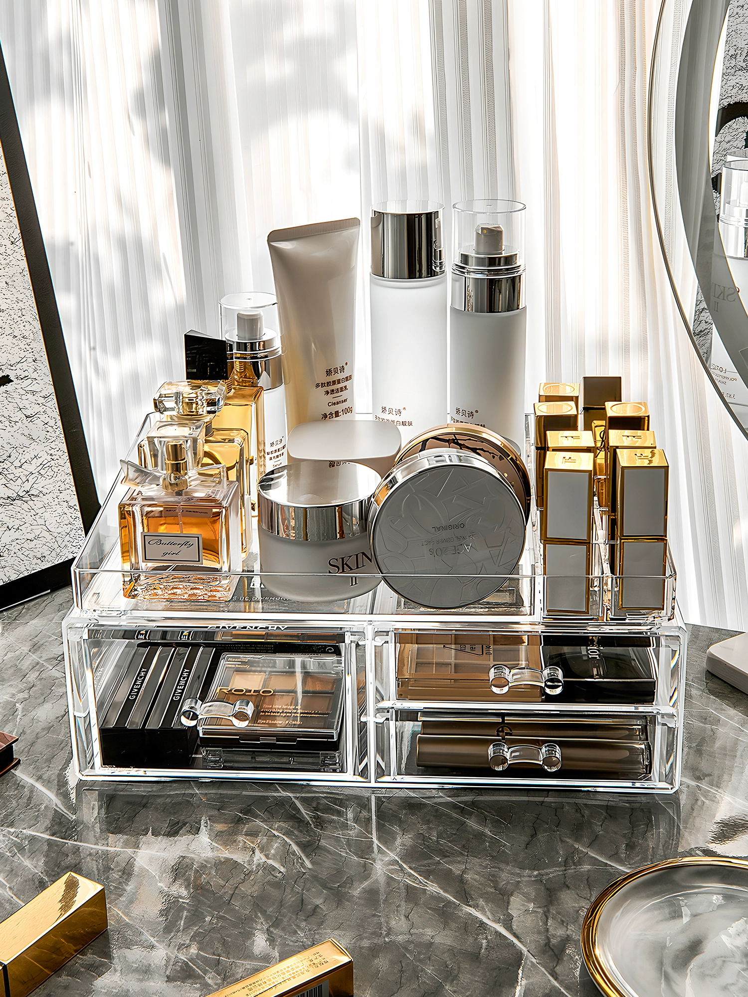 Настольный выдвижной ящик акриловая прозрачная косметическая коробка для хранения большой туалетный столик