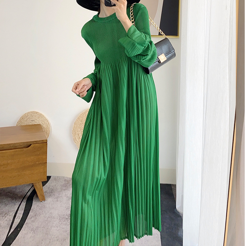 新款法式褶皱连衣裙女长裙泡泡袖设计感小众百褶裙子欧美外贸女装|undefined