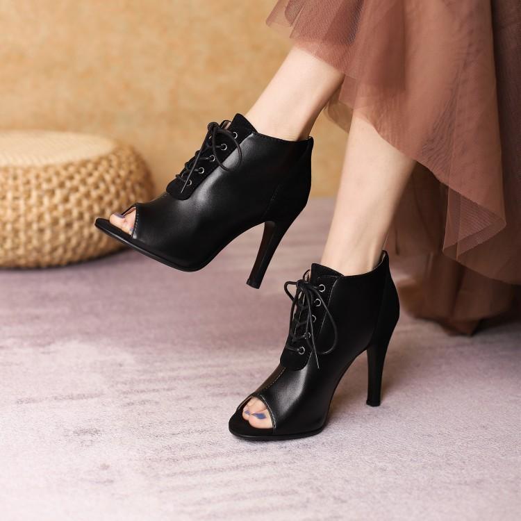 细跟鱼嘴凉靴女春夏季镂空短靴子大码爵士舞蹈高跟鞋系带凉鞋小码