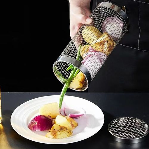 Outdoor Portable Grill Basket Stainless Steel Camping Picnic Rotating Drum Grill Round Mesh Basket