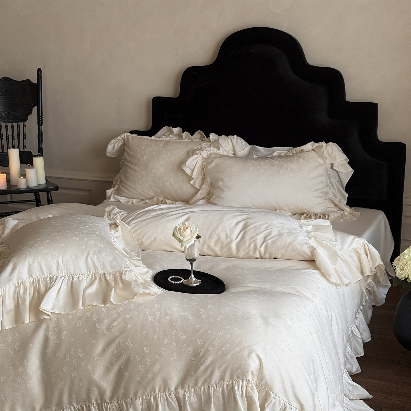 Retro Romantic French Long-Staple Cotton Pure Cotton Four-Piece Set Accessible Luxury Lace Craft Quilt Cover Black and White Accessible Luxury Style Bedding