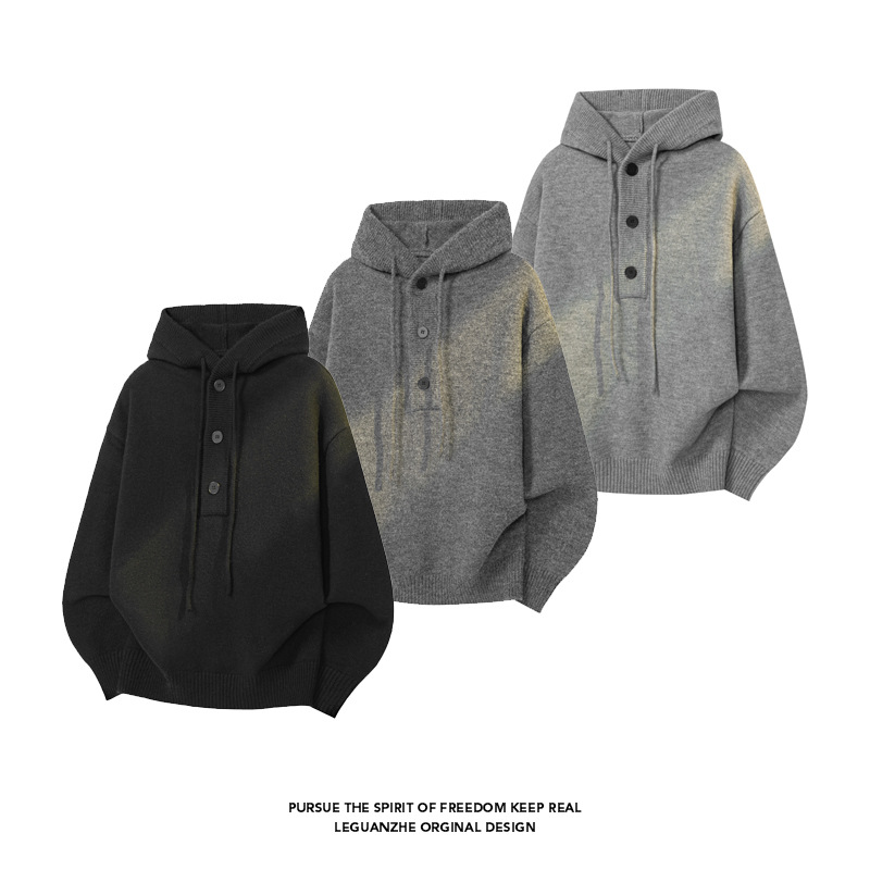 Solid Color Hooded Knitwear Men's Autum Cleanfit American Loose Sweatshirt Jacket Lazy Style High-End Knitwear