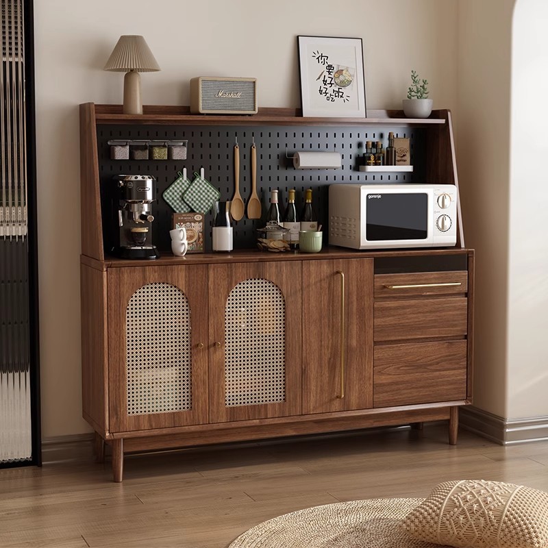 Solid Wood Sideboard High Cabinet Integrated Wall Storage Cabinet Perforated Board Nordic Rattan Kitchen Storage Cupboard Tea Cabinet