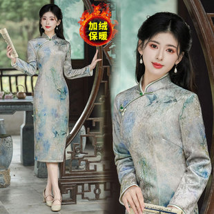 Winter High-grade fleece-lined Improved Cheongsam dress Middle-aged Women's Long-sleeved Chinese New Style Thickened Guofeng Mother Cheongsam