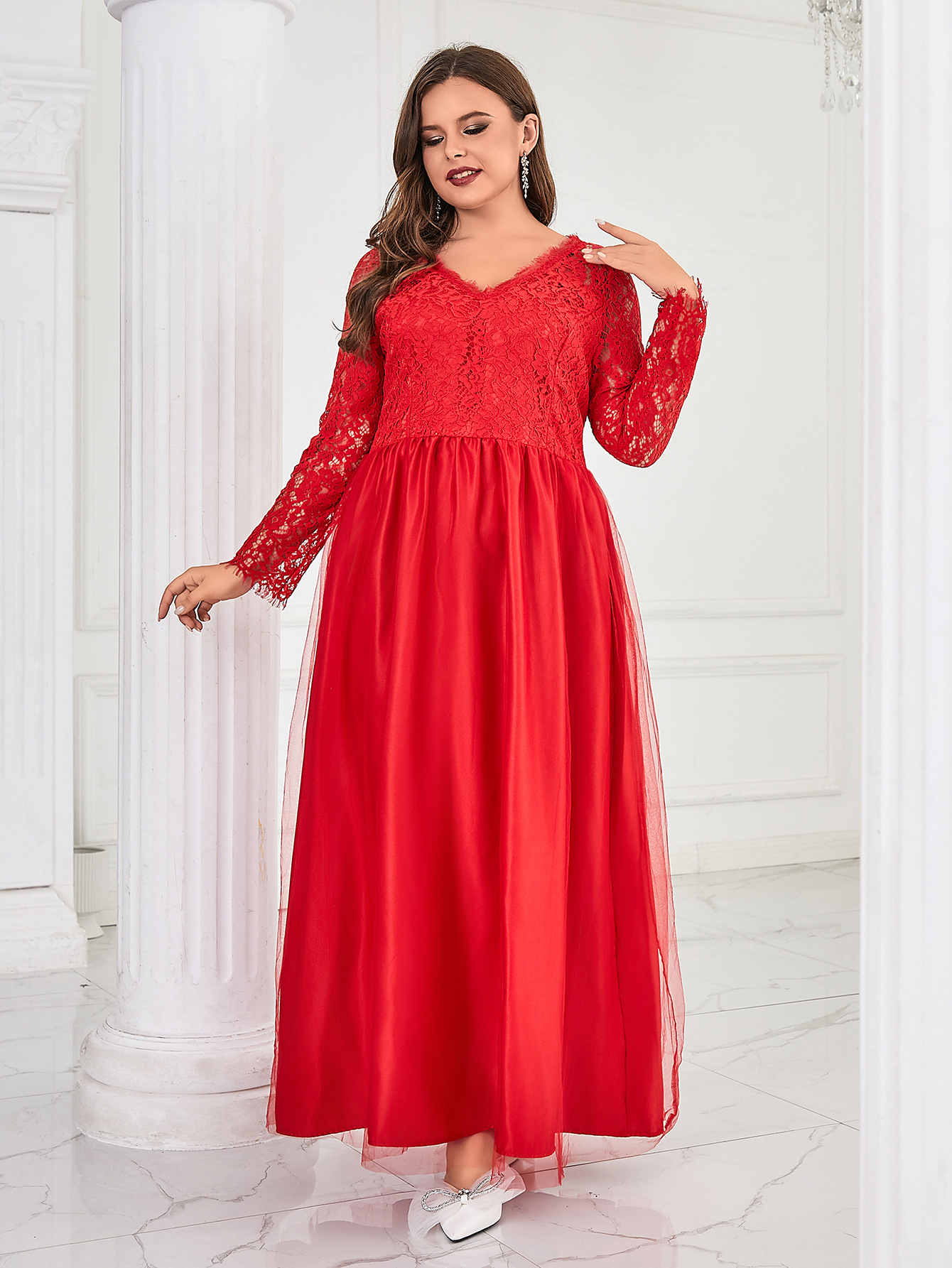 Vestido de talla grande, comercio exterior europeo y americano, nueva ropa de mujer, encaje de malla, vestido de novia de manga larga, vestido de noche, vestido largo image 1