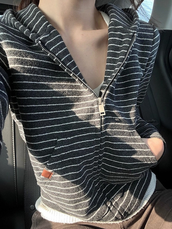 美式复古条纹针织连帽卫衣开衫女秋季绝美宽松显瘦休闲毛衣外套潮|undefined