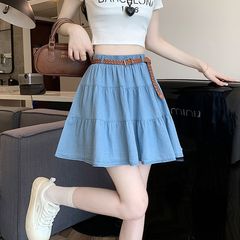 デニムスカート 2025 春夏新作薄型弾性ハイウエスト痩身大きいサイズ A ラインショートスカートパフスカート
