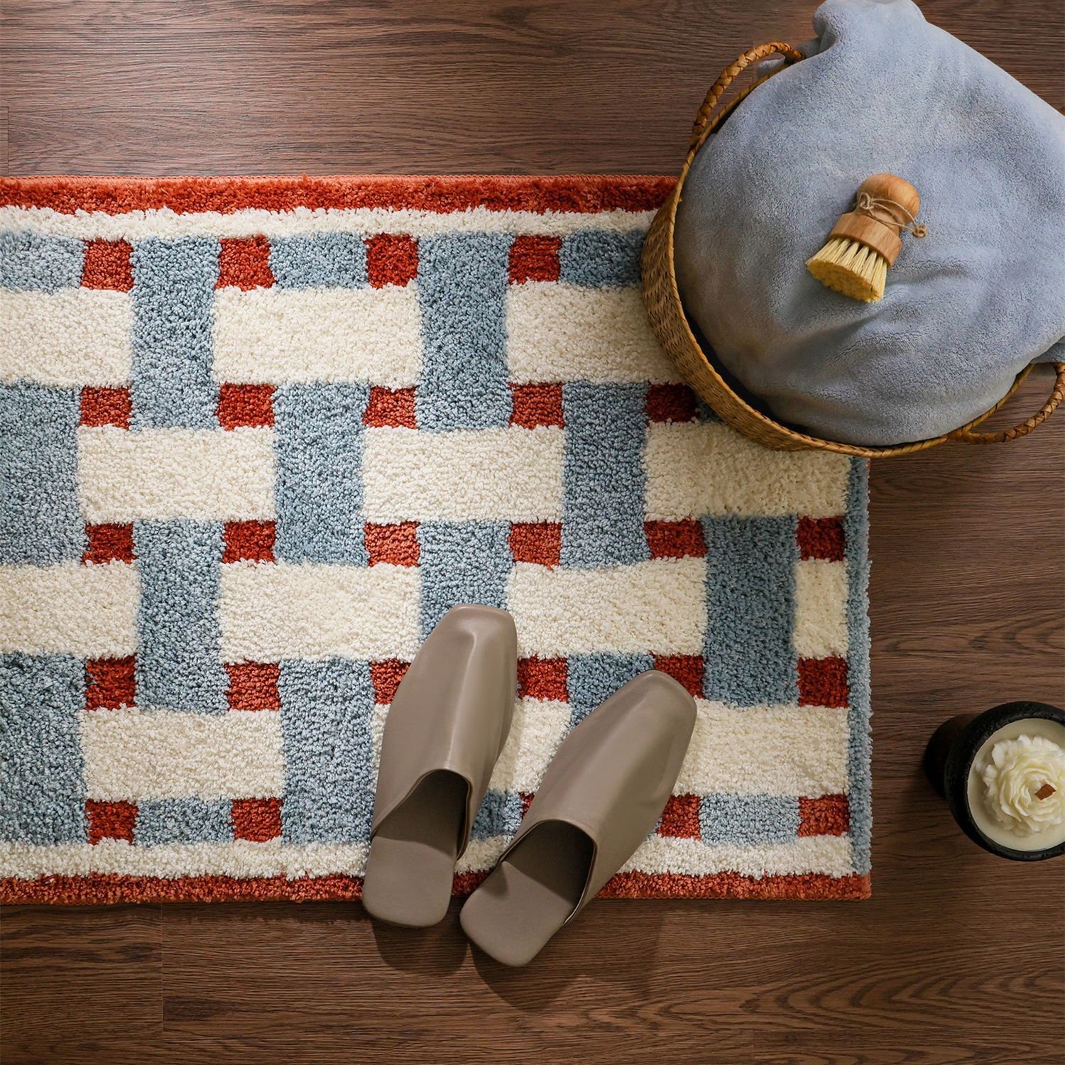 Plaid Imitation Cashmere Bathroom Floor Mat, Water-Absorbent, Non-Slip, Soft Foot Mat, Bathroom Door Mat, Household Square Carpet