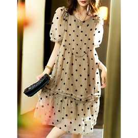 大码波点印花雪纺连衣裙2024夏季新款欧洲站宽松减龄显瘦中长裙子