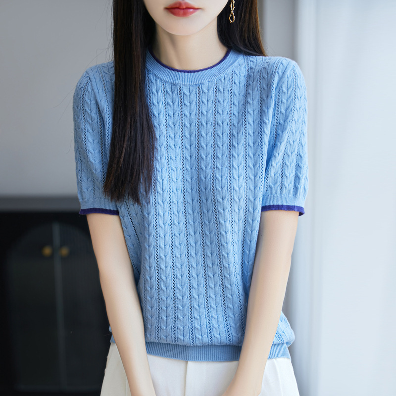 25 Years New Summer Pure Cotton Round Neck Knitwear Short-Sleeved T-Shirt Women's Cut Out Twisted Color Matching Bottoming Shirt Top