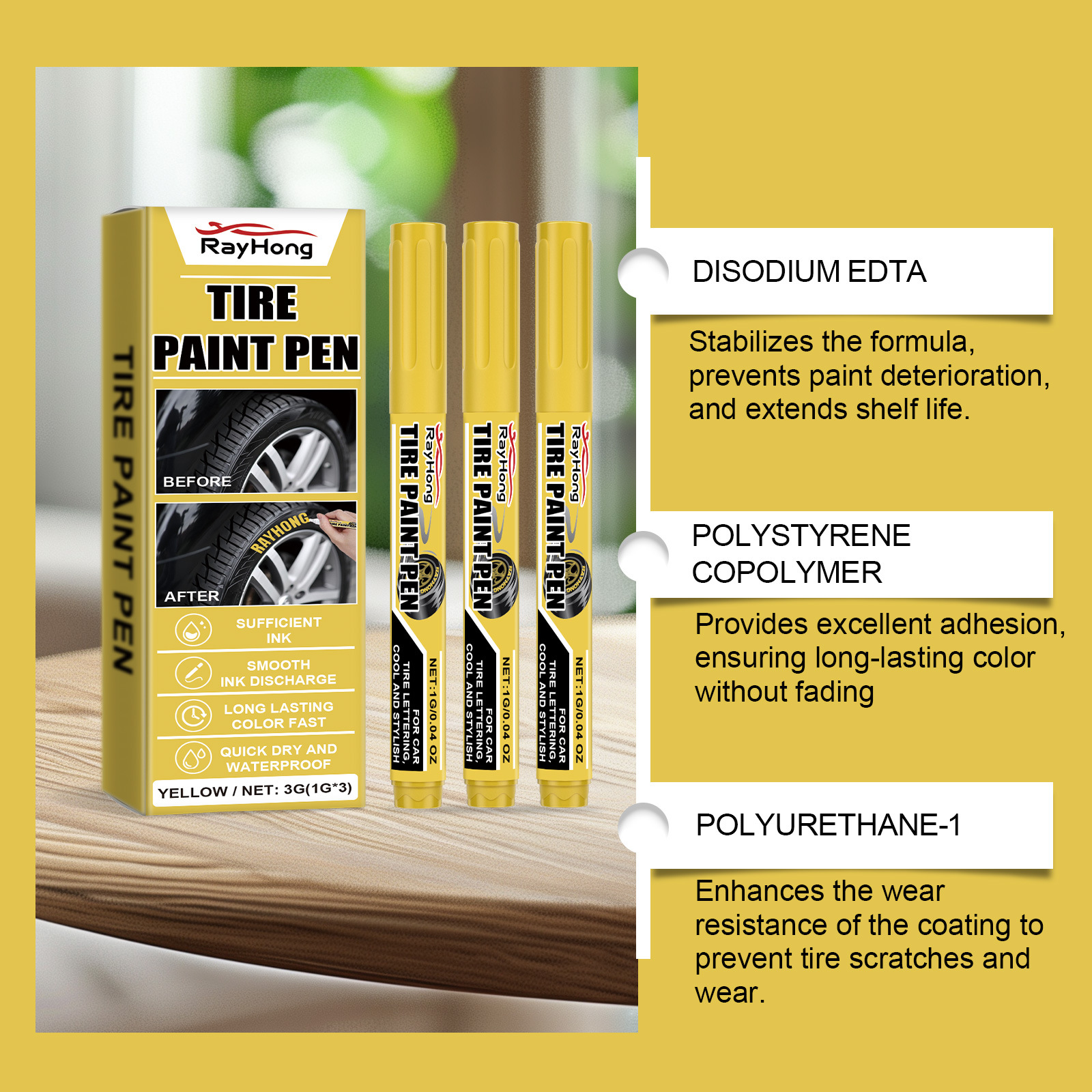 Rayhong Yellow Car Tire Paint Pen Car Tire Art Painting Waterproof Long-Lasting Oil-Based Pen