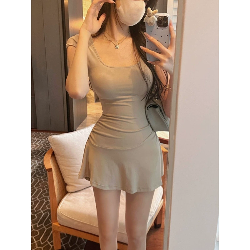 Студенческое сексуальное платье с короткими рукавами и v-образным вырезом, женское летнее популярное короткое верхнее платье трапециевидной формы с талией в стиле чистой страсти