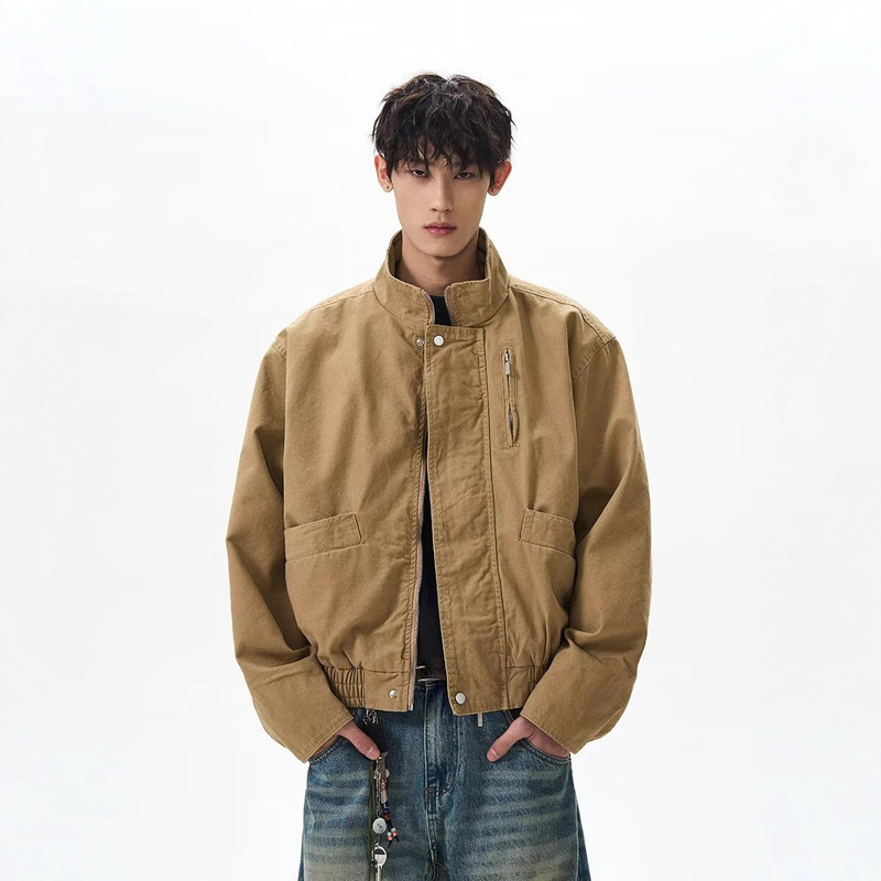 American Retro Bomber Stand-Up Collar Bomber Jacket for Men and Women in Spring and Autum Boxy Short Barn Style Work Jacket