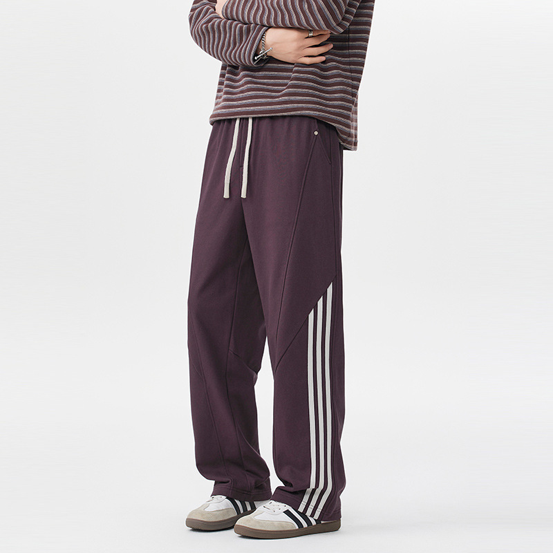Pantalones a rayas americanos de alta calle para hombres 2025 otoño recto de tendencia cilíndrico de diseño deportivo relajado pantalones casuales de niebla púrpura image 1