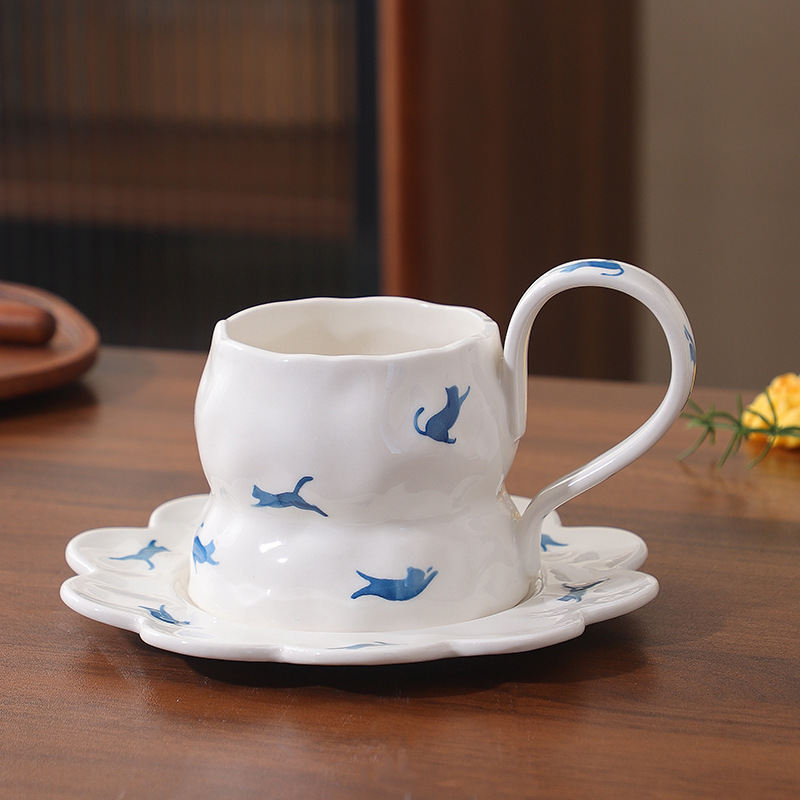 High-Looking Mug, Hand-Painted Flower Ceramic Cup and Saucer, Cute Girly Personalized Coffee Cup, Creative Water Cup