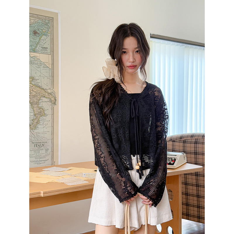 [Lace Sun Protection] Goming French Retro Hollow Knit Cardigan for Women 2024 Summer New Top Y1399F