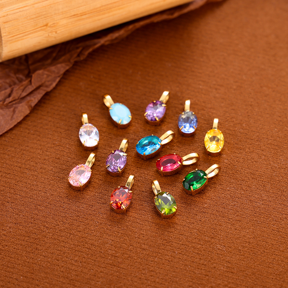 Birthstone, Zircon Inlay Material 1 Piece 14 * 7mm 45cm 304 Stainless Steel Birthstone Zircon Oval Pendant Chain