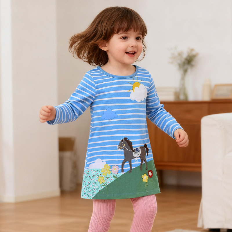 Kids Tales Children's Clothing Spring and Autumn Children's Dress European and American Style Girls' Long-Sleeved Striped Dress Baby A-Line Dress