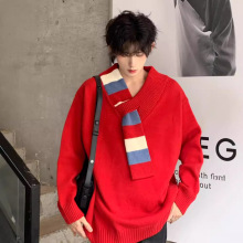 小众原创设计围巾领毛衣男宽松V领针织衫套头红色上衣ins潮情侣衫