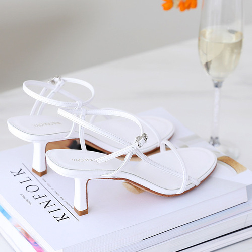 Sandals for Women  Spring New Versatile Internet Celebrities Same Style Thin Heels Straight Buckle Straps High Heels Sandals Open Toe Black