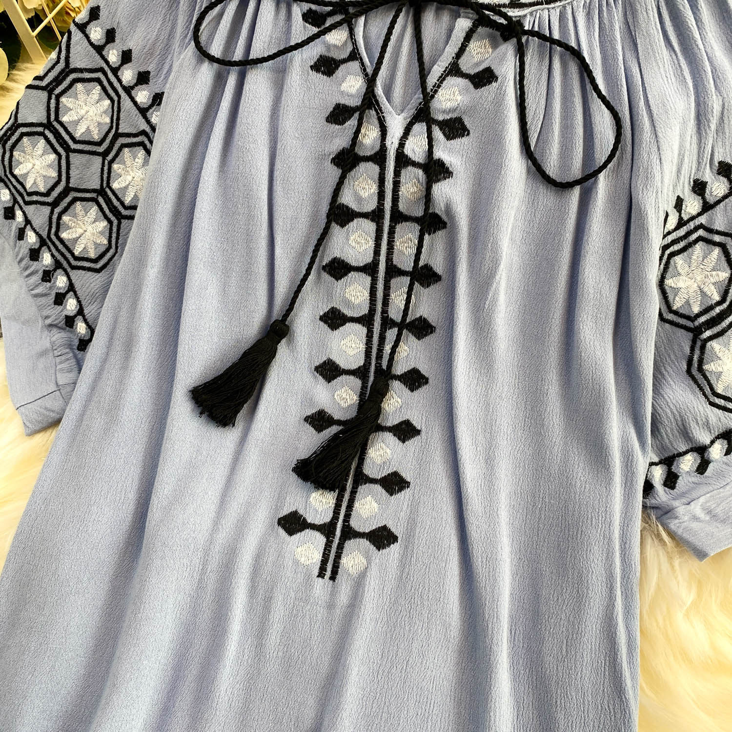 Women's Bohemian Style Sweet Embroidered Tie Neck Round Neck Mid Sleeve T-Shirt Summer Loose Fit Slimming Ethnic Retro Top_ecoleips.com