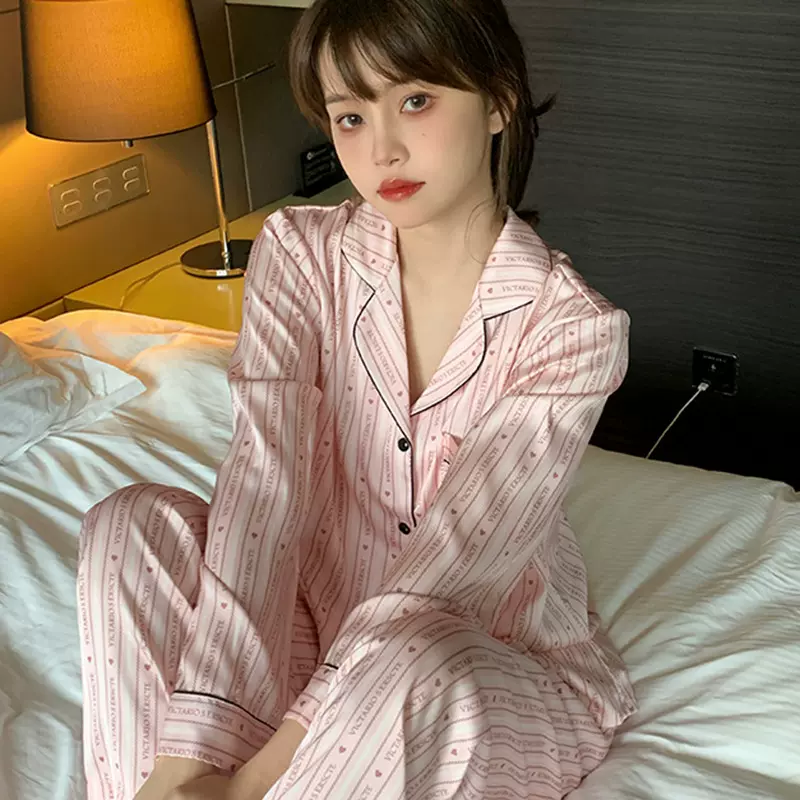 心动暗号优雅气质款睡衣女冰丝丝绸秋冬爱心长袖家居服套装