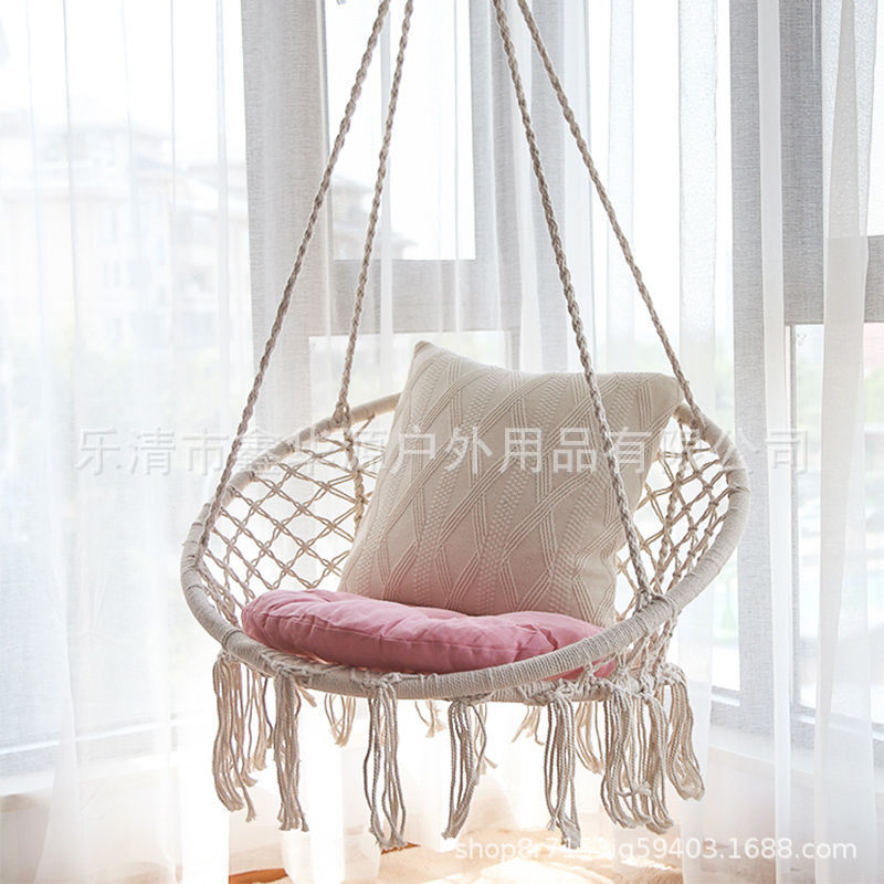 Balcón interior y exterior silla colgante oscilante hamaca de punto hecho a mano para adultos y niños con flecos cuerda de algodón silla de columpio al por mayor