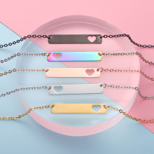 欧美热销不锈钢项链长方形镂空心心长条吊坠Bar Necklace 18inch