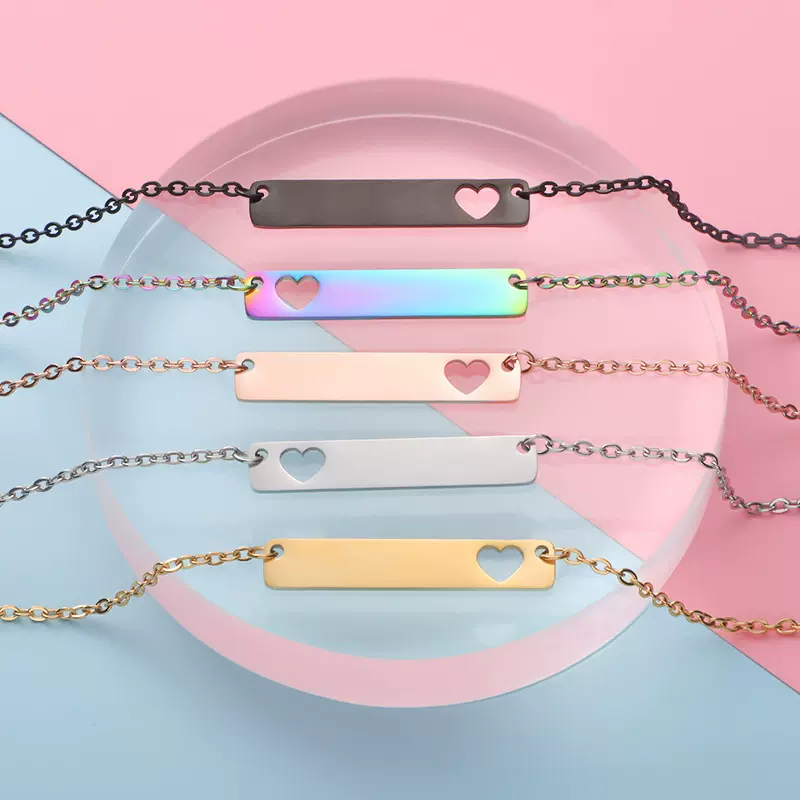 欧美热销不锈钢项链长方形镂空心心长条吊坠Bar Necklace 18&16in