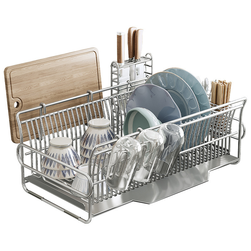 Estante de platos de acero inoxidable, estante de drenaje, estante de cocina, estante de almacenamiento de platos domésticos, cesta de drenaje de fregadero multifuncional