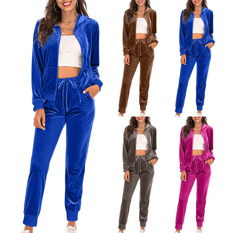 2024 Women's Spring and Autumn Gold Velvet Suit Women's Casual Sports Fashion Women's Long Sleeve Hooded Jacket Suit