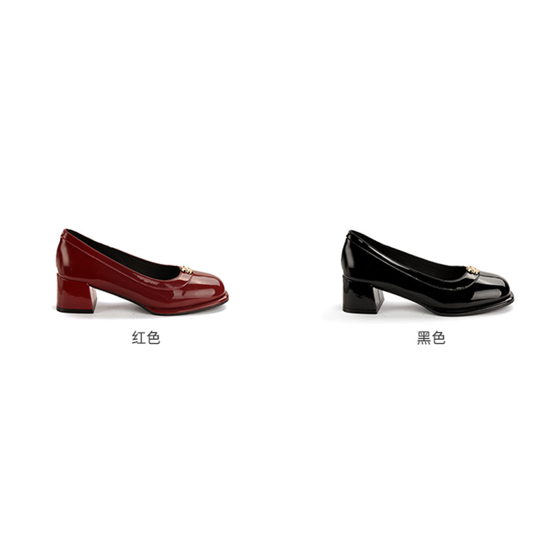 Uva mamá ~ exquisita Camelia cuadrado punta redonda tacón grueso zapatos de una sola capa slip-on rojo tacones altos zapatos de cuero pequeños para las mujeres