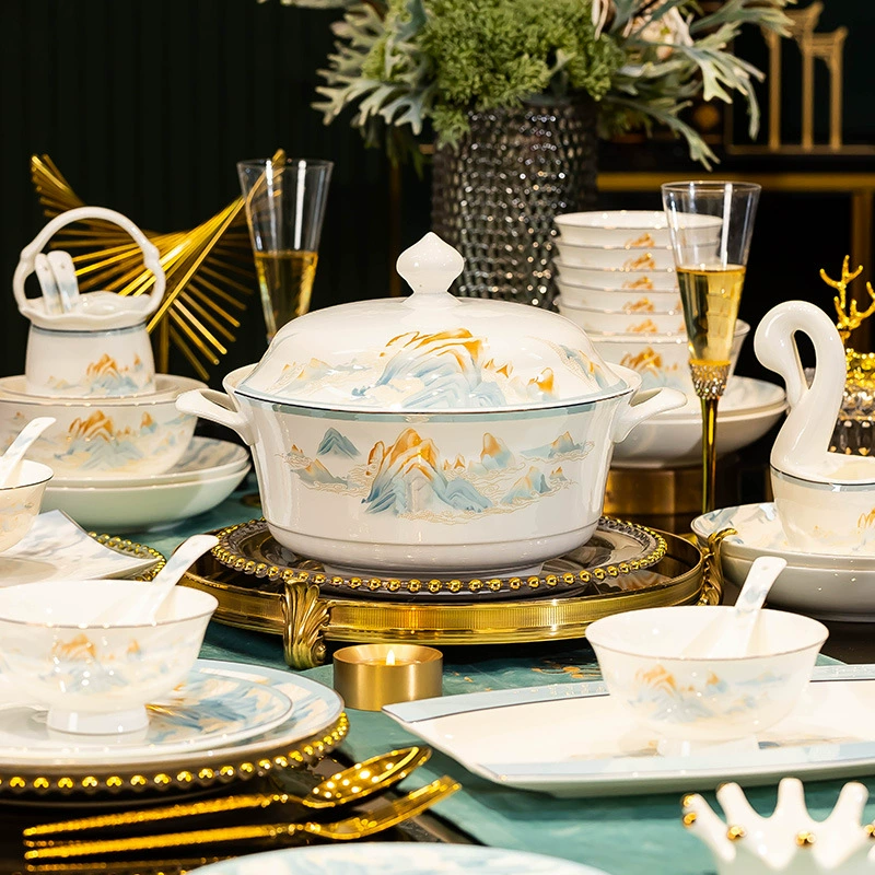 Ceramic tableware, set, gift box, Chinese style, hand painting, full set