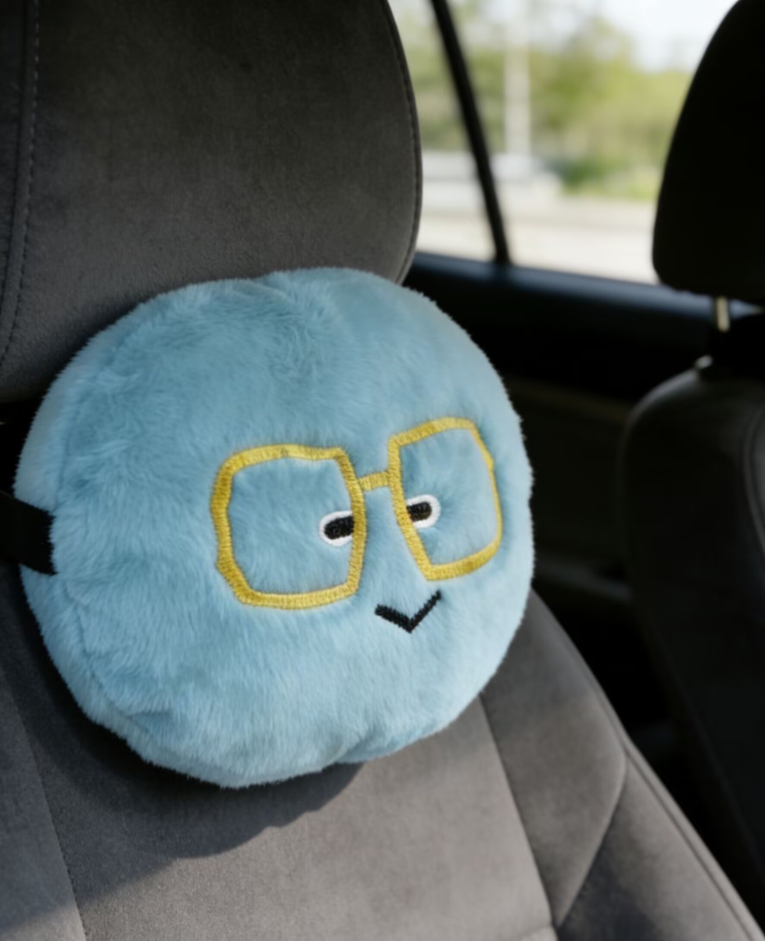 Car Headrest Neck Pillow with Smiley Face Blue Emoji Design, Car Cushion for Long Trips, Cartoon Car Headrest Pillow