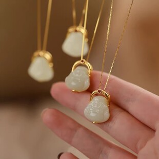 Hotan Jade Maitreya Buddha Sterling Silver Necklace Buddha Pendant Accessible Luxury Clavicle Chain Simple Sweater Chain Women's Retro Niche