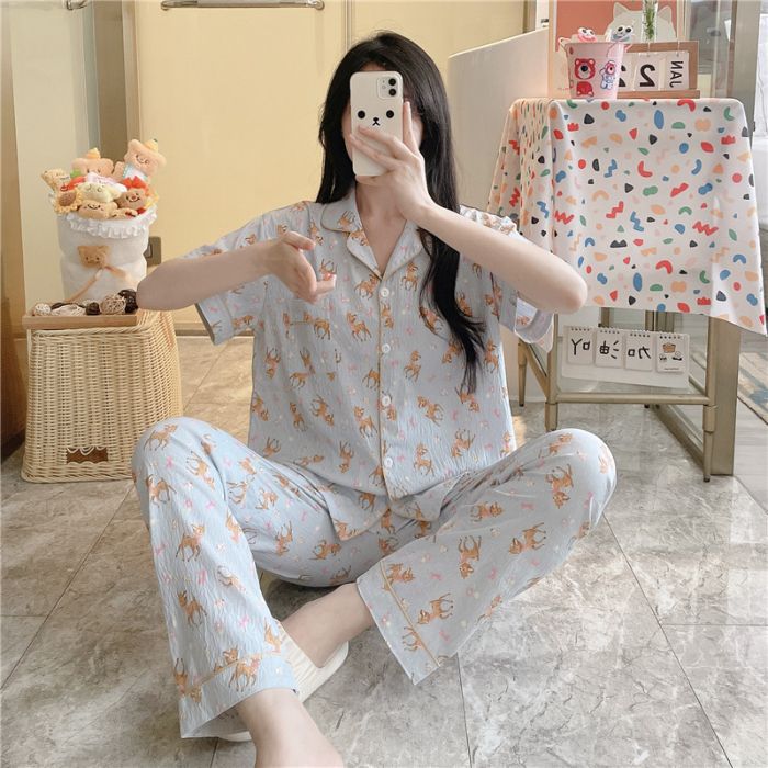 Pijamas transfronterizos al por mayor para mujer nube algodón otoño verano rebeca solapa pantalones de manga corta traje de servicio a domicilio simple y cómodo
