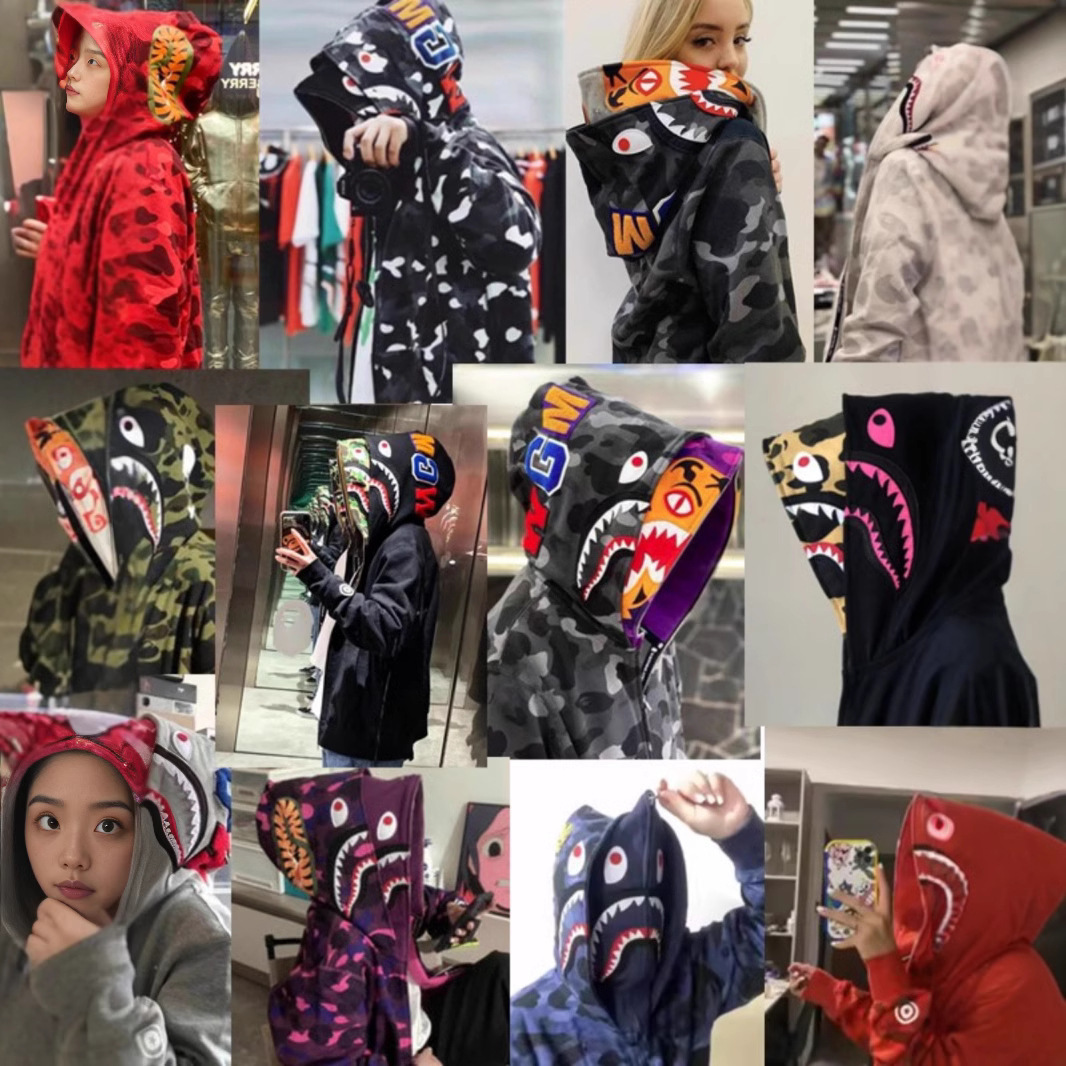 猿人APE サメと虎の頭刺繍入り迷彩柄ダブルハットスウェットシャツ メンズ ゆったりカーディガン ジップアップフード付きジャケット 夜光