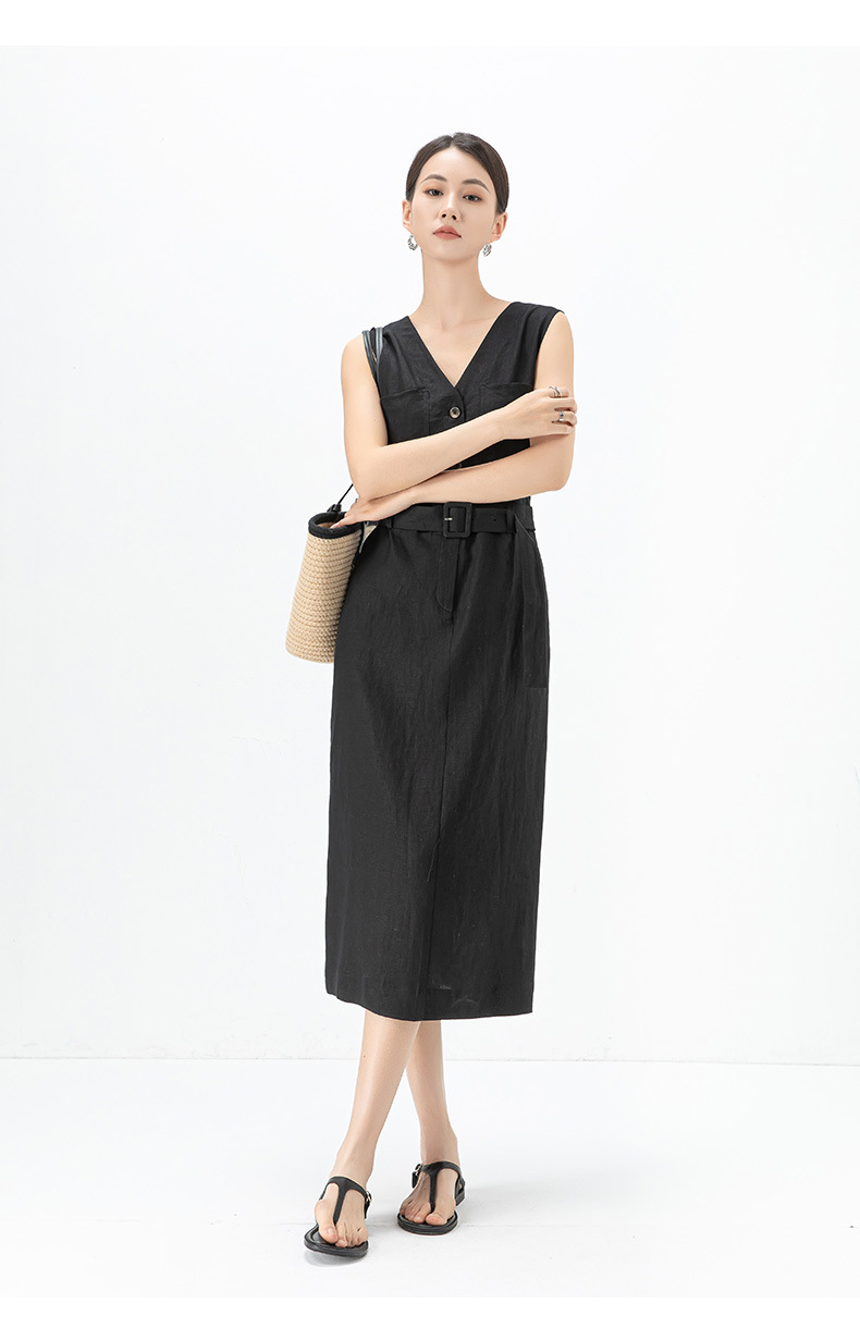 Đầm maxi nữ thắt eo cổ chữ V vải lanh kiểu Pháp — Màu đen chi tiết 23