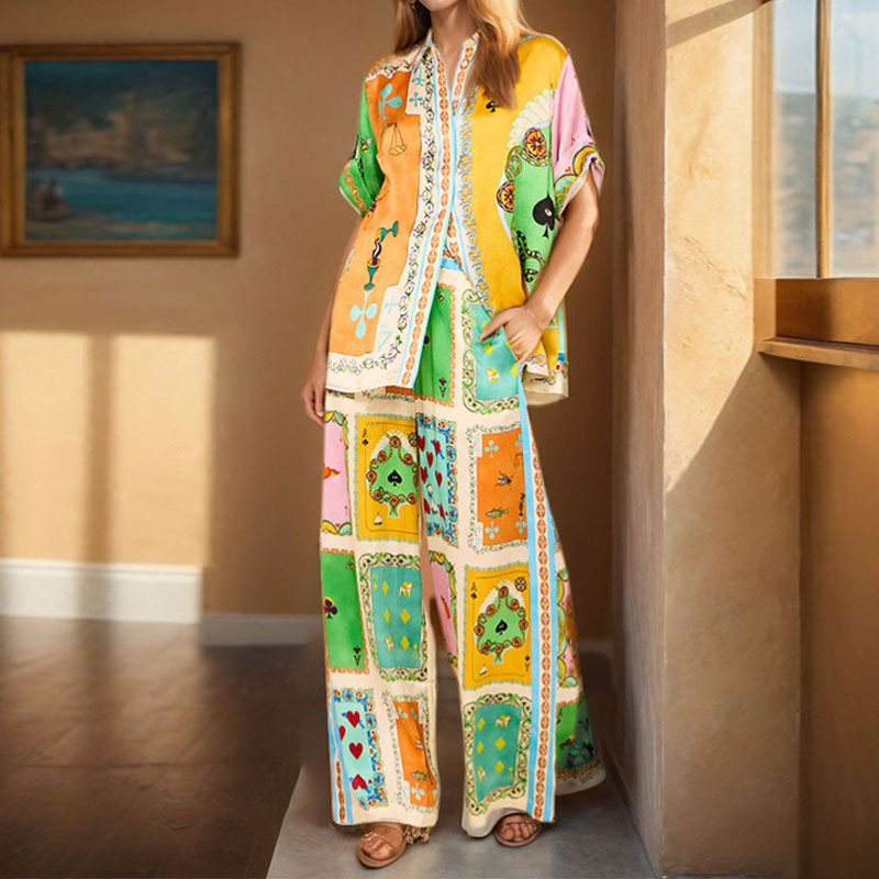 Shirt Collar Neckline Comfort Function Daily Women's Tropical Printing Polyester Pant Co-ord Set Pants Sets