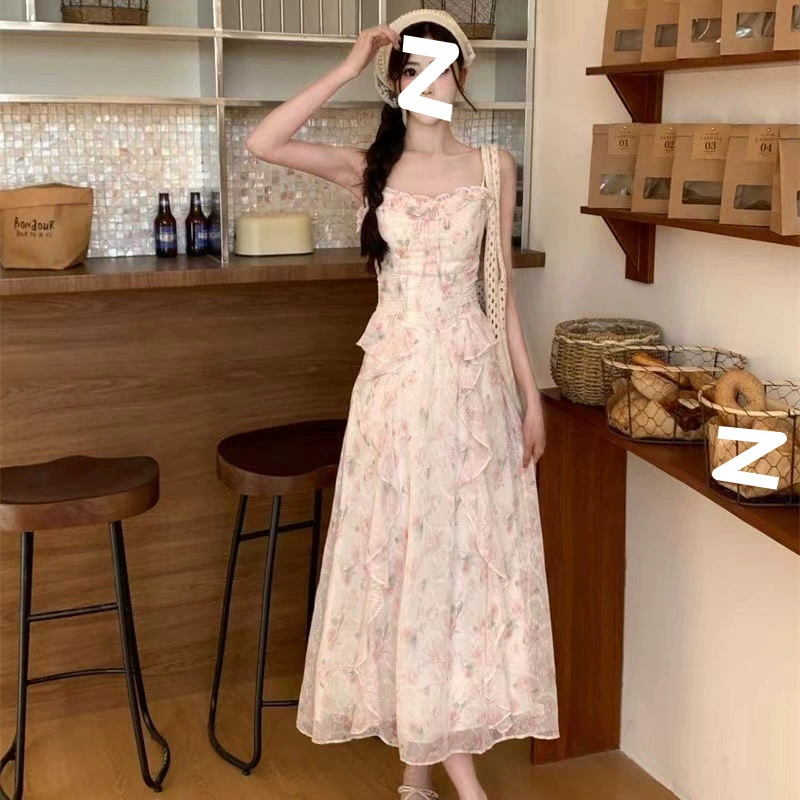 Длинная юбка на подтяжках с рюшами и цветочным принтом для женщин, весенне-летний нежный стиль, солнцезащитный кардиган, утягивающее платье, комплект из двух предметов