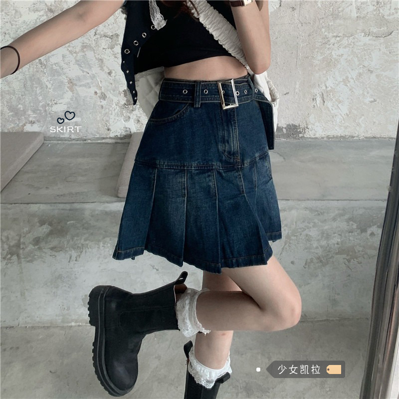 Denim Skirt Women's Summer American Style Retro High Waist dark blue Spice Girl A- Line Pleated Skirt Niche Skirt