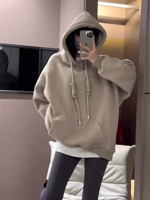 Rope Hooded Sweater Plush thickening 2022 Autumn and winter new pattern Easy Lazy Solid leisure time jacket coat