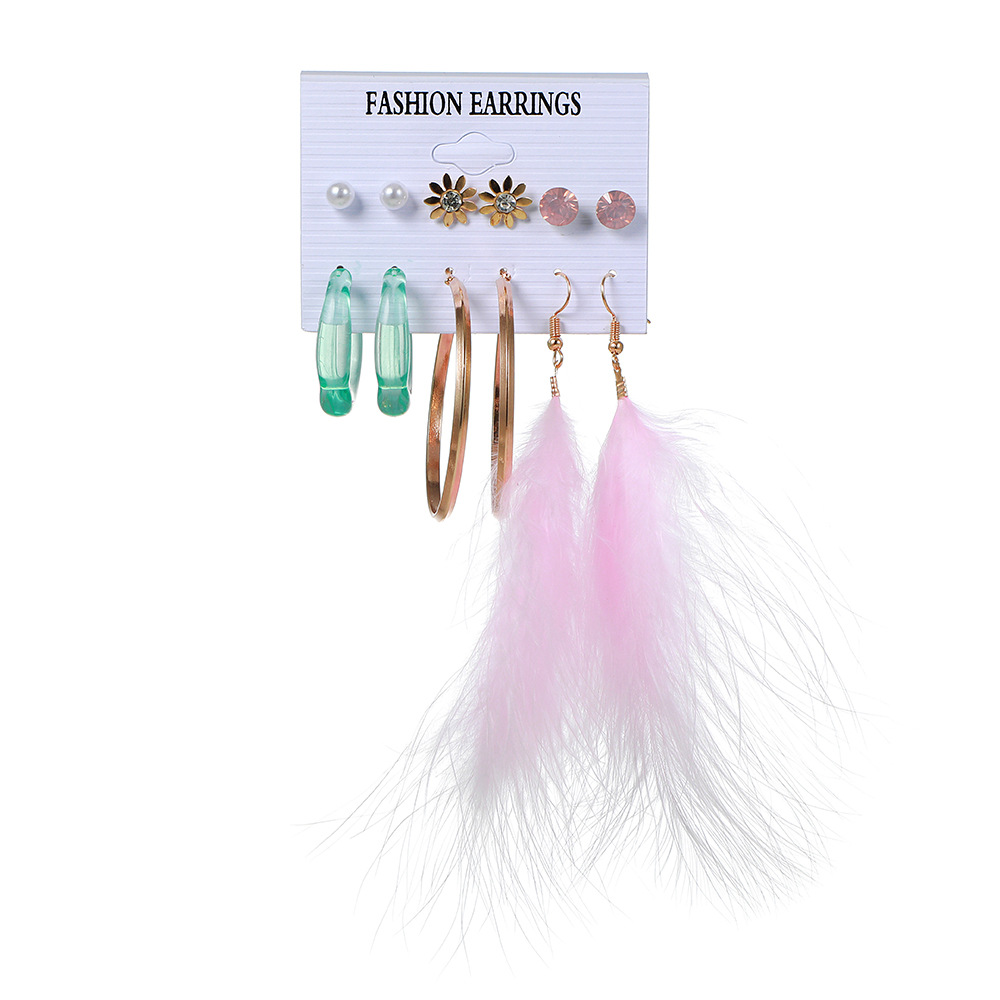 Fashion 6 Pairs Daisy Pearl Earrings Set Retro Geometric Feather Bohemian Earrings display picture 4