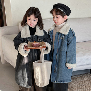 In-Stock 2024 Children's Winter Lamb Wool Denim Jacket for Boys and Girls, Stylish Thick Long Coat