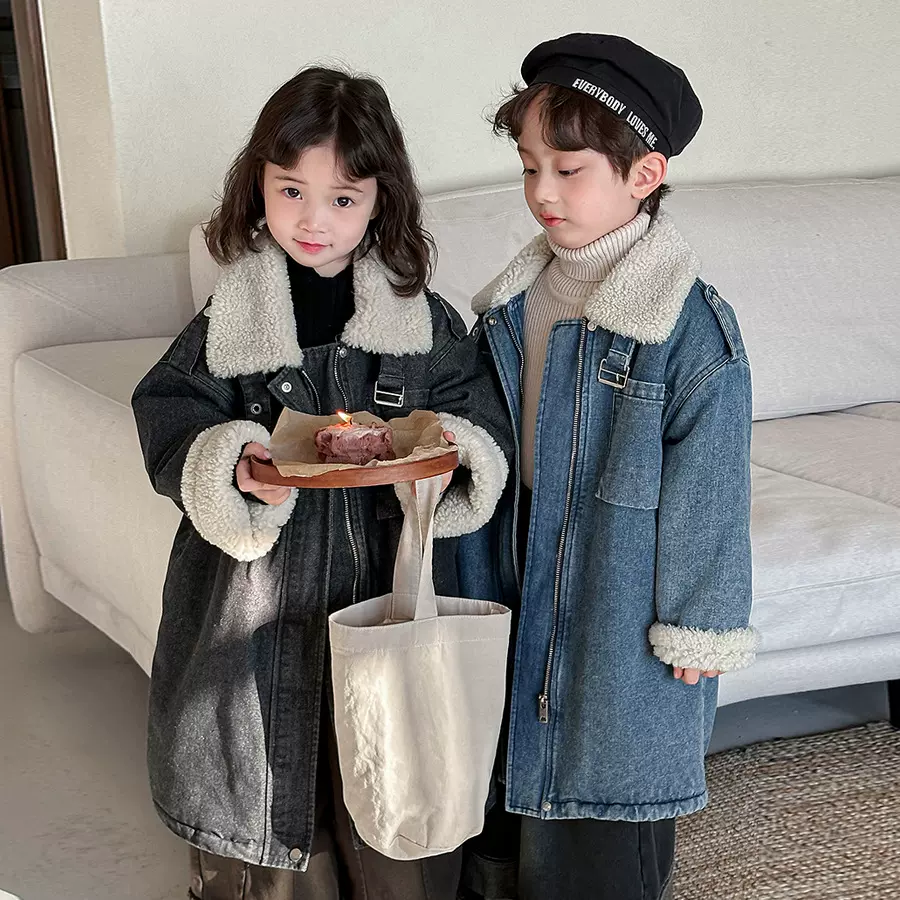 年前现货2024儿童冬季羊羔毛牛仔外套男女宝宝洋气加厚长款大衣