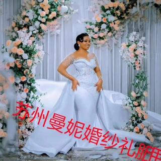 亚马逊新款外贸婚纱礼服 欧美跨境新娘结婚长袖可拆卸美人鱼婚纱