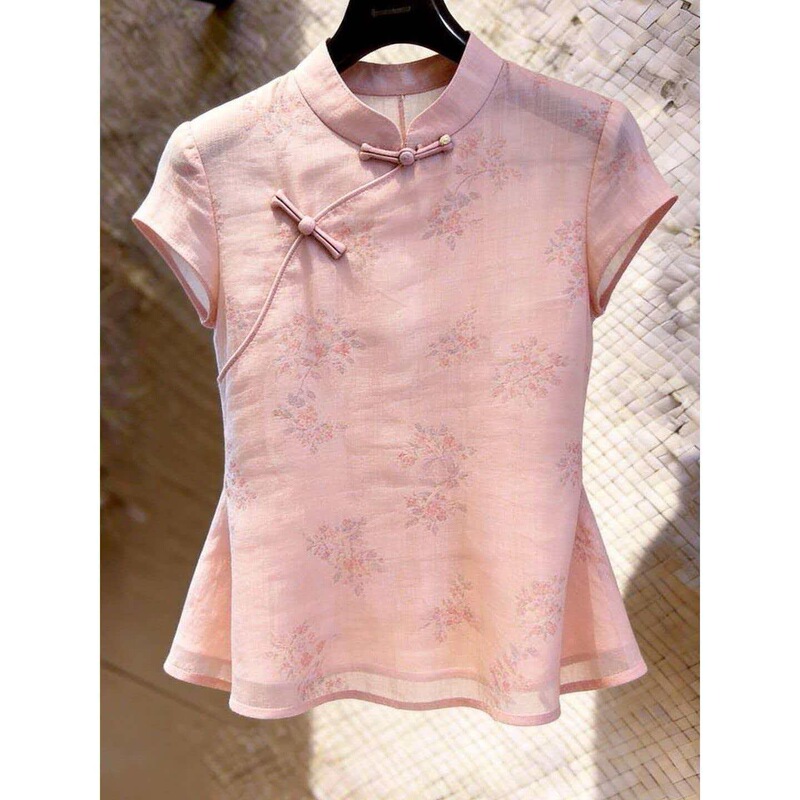 New Chinese-Style Light National Style Pink Printed Short-Sleeve Shirt for Women, Summer New Model with a High-End Feel, Improved Blouse Top